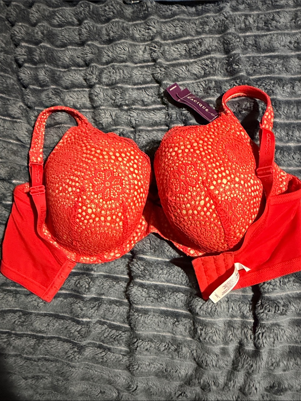 Cacique Red Lace Underwire Bra with Floral Crochet Overlay